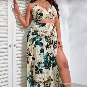2 piece Tropical Print Top & Wrap Skirt